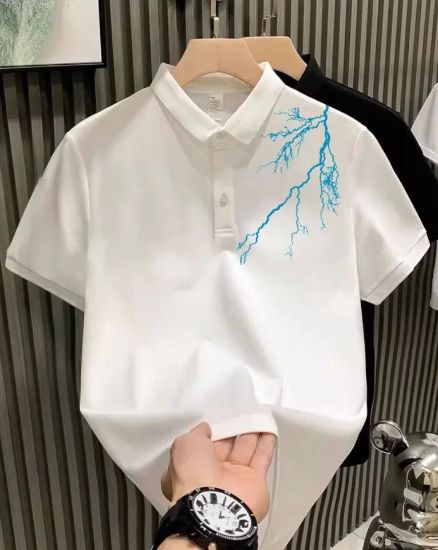 Unisex Yakası Düğmeli Oversize Baskılı T-Shirt - Beyaz resmi